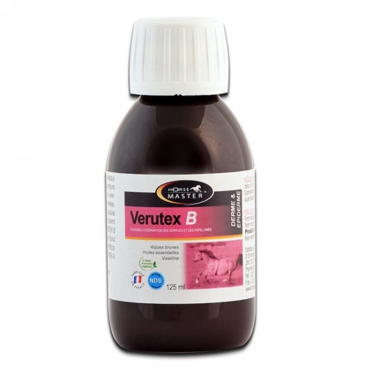 Flacon brun de 125 ml de lotion externe Verutex B Horse Master pour éliminer les verrues du cheval.