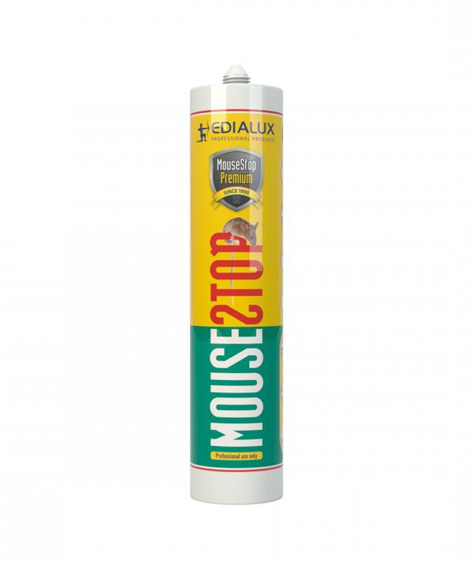 Cartouche de 300 ml de MOUSESTOP Premium d'Edialux, mastic répulsif professionnel jaune et vert pour l'obturation des passages de rongeurs.