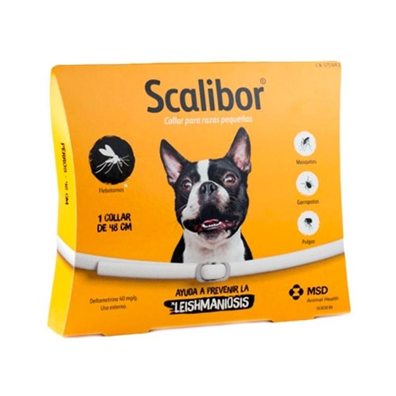 Boîte orange du collier Scalibor 48 cm montrant un chien de type Boston Terrier et les pictogrammes des parasites ciblés : phlébotomes, tiques et moustiques.