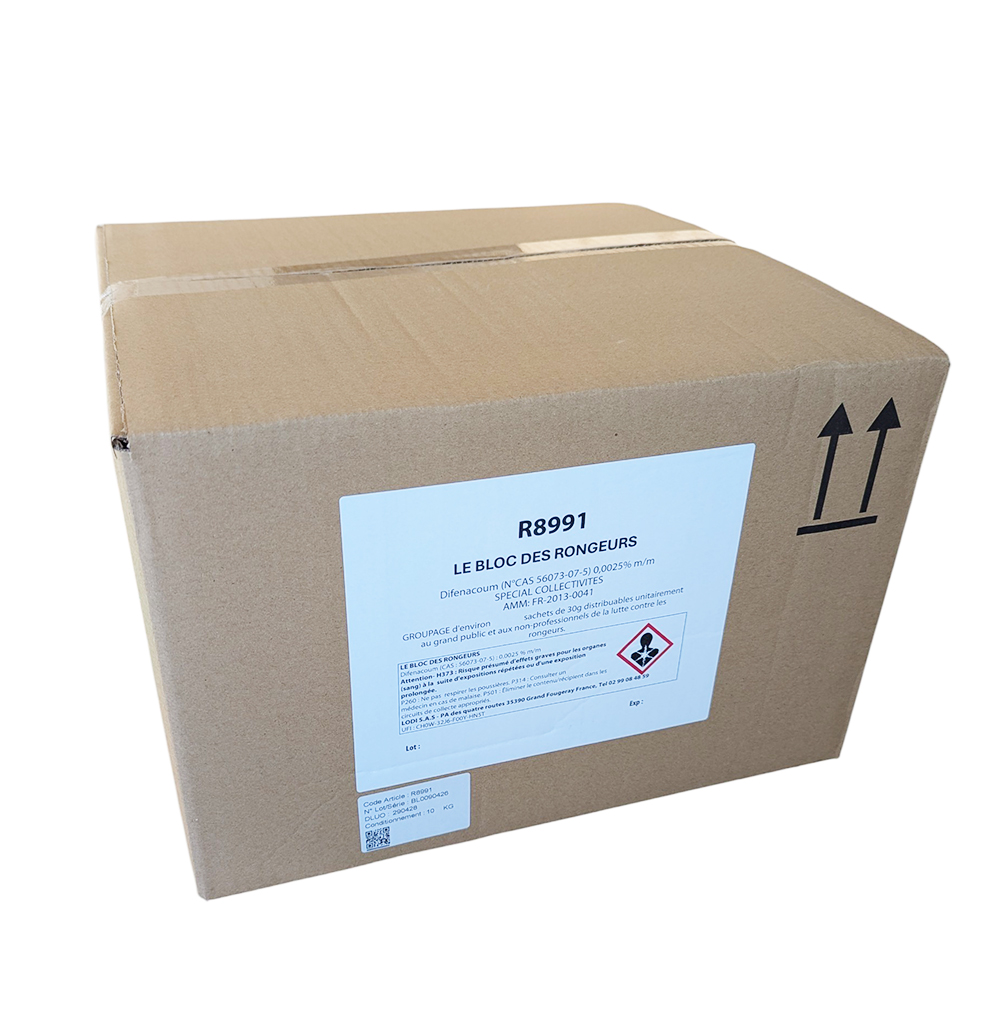 Carton de 10 kg Le Bloc des Rongeurs 25 PPM, spécial collectivités, contenant des blocs de 30 g au Difénacoum pour la lutte contre les rats et souris.