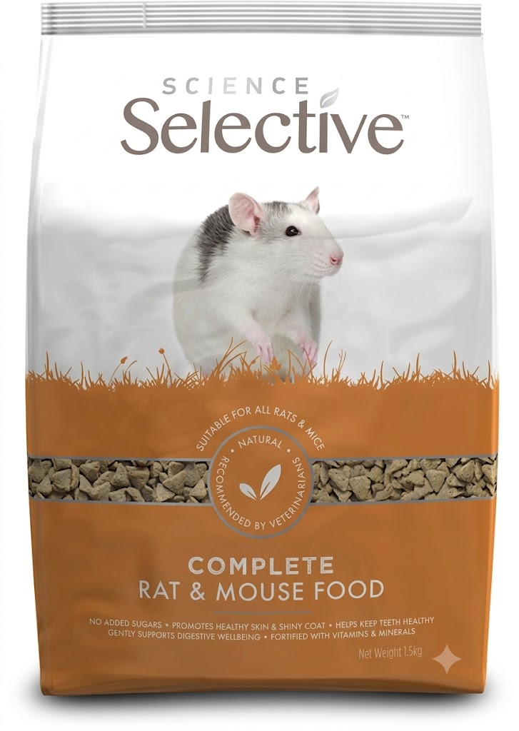 Sachet de 1,5 kg d'extrudés Supreme Science Selective Rat & Mouse avec visuel de rat domestique gris et blanc