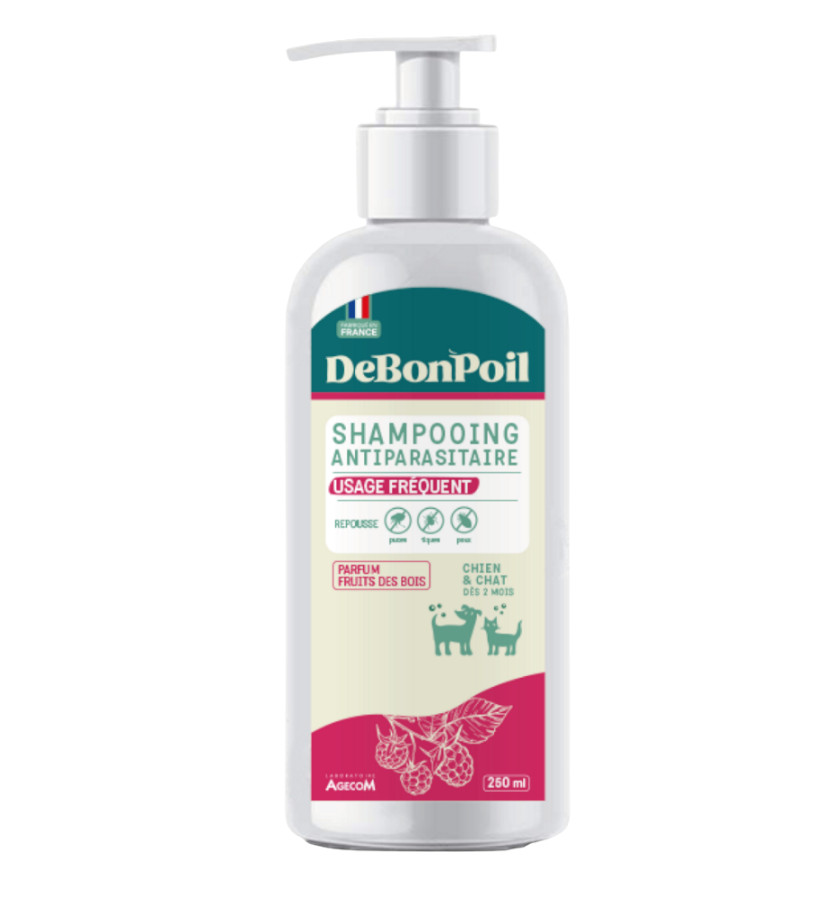 Flacon pompe shampooing antiparasitaire DeBonPoil fruits des bois usage fréquent chien chat.