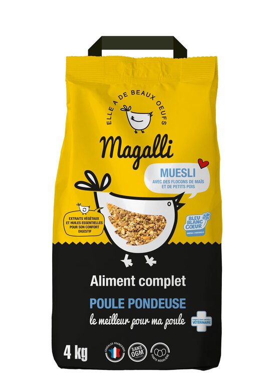 Sac de 4 kg d'aliment complet muesli pour poule pondeuse Magalli sans OGM et Bleu-Blanc-Cœur.