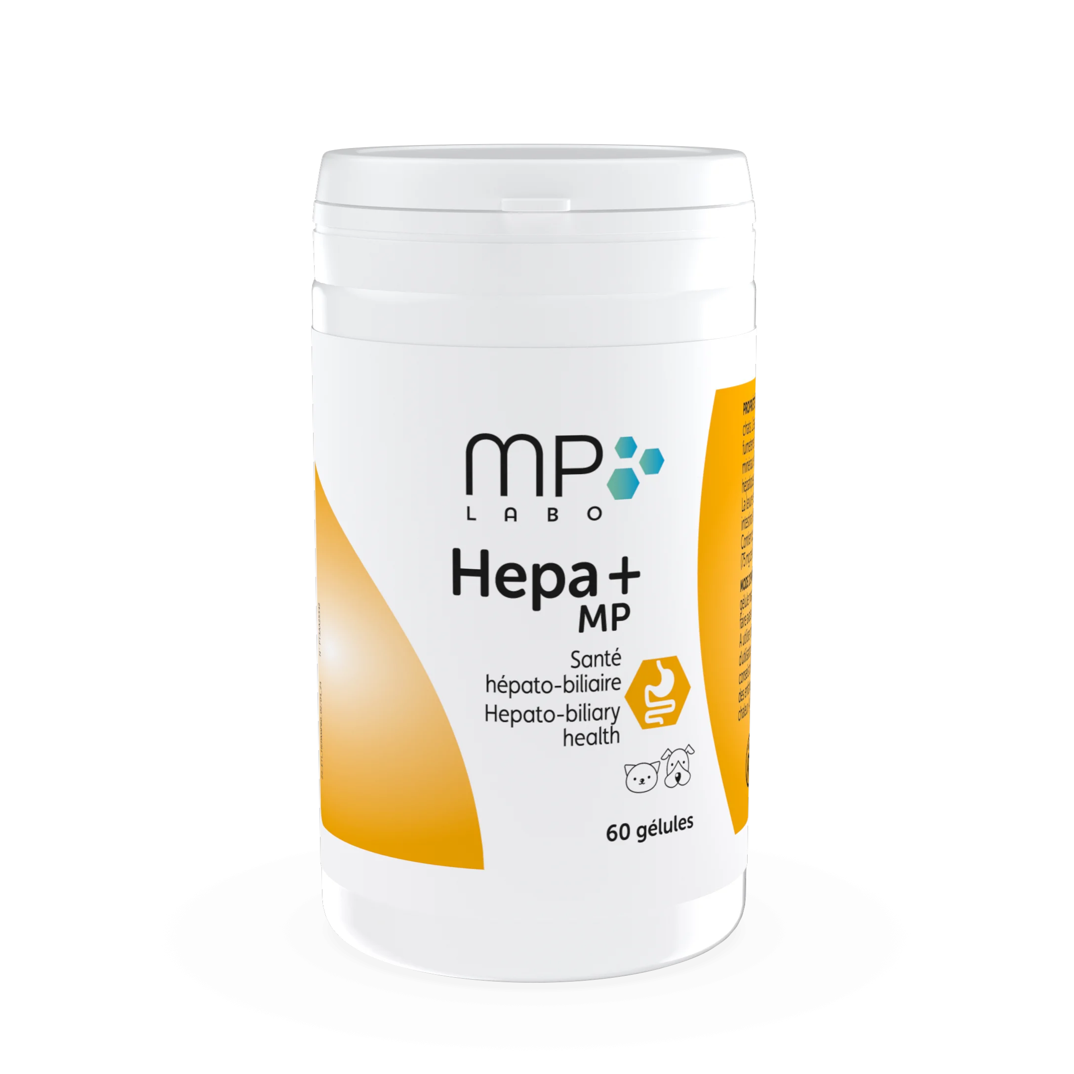 Pot de Hepa+ MP Labo 60 gélules pour chien et chat, complément de soutien de la fonction hépatique et biliaire.