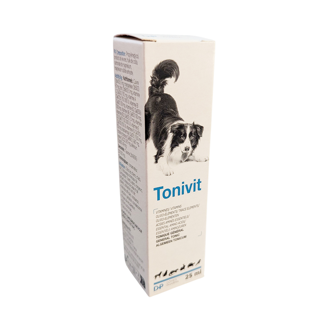 Boîte et flacon de 25 ml de Tonivit TVM, tonique général multivitaminé pour chiens, chats, furets et nouveaux animaux de compagnie (NAC).