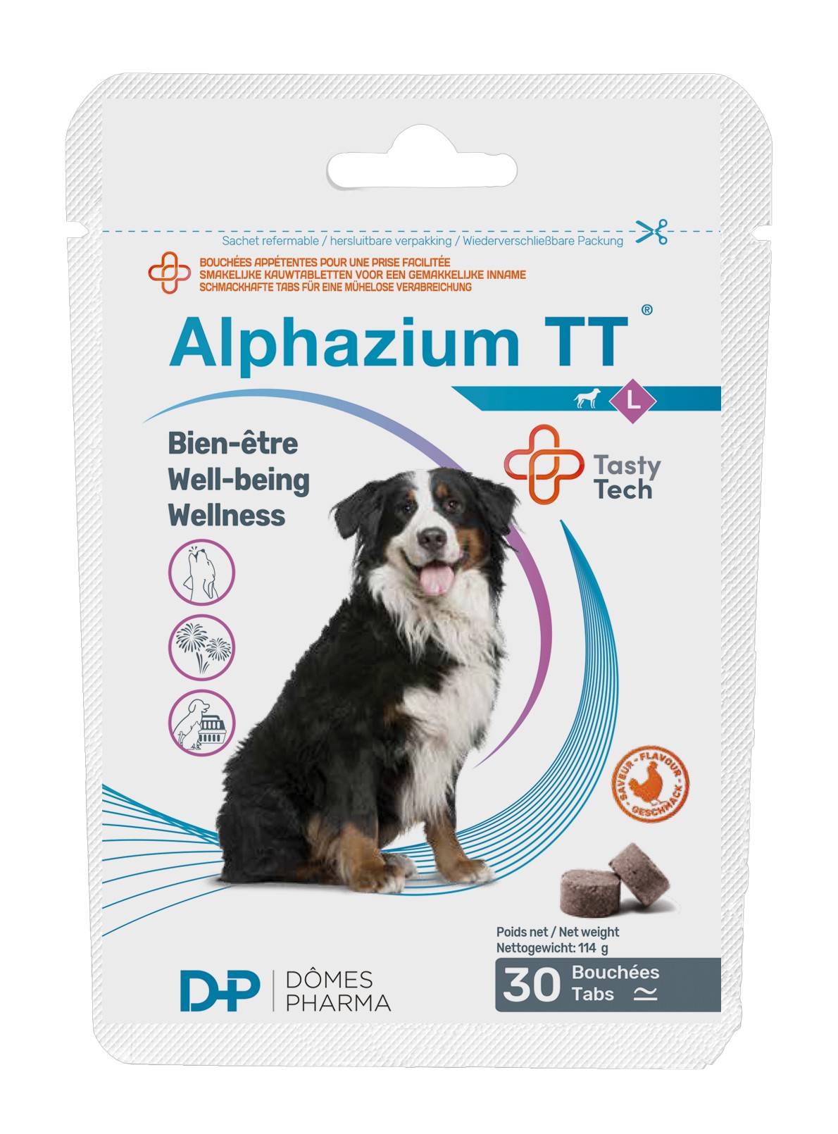 Alphazium TT L Dômes Pharma – complément anti-stress naturel Tasty Tech pour chiens de grande taille à base de tryptophane et magnésium