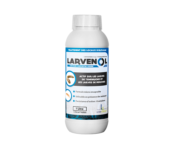 Flacon de 1 Litre de LARVENOL CAPS NG, larvicide concentré liquide pour le traitement professionnel des larves de ténébrions et de mouches en élevage.