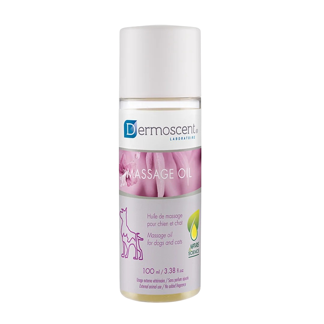 Flacon de 100 ml d'Huile sèche de massage Dermoscent® pour chien et chat.