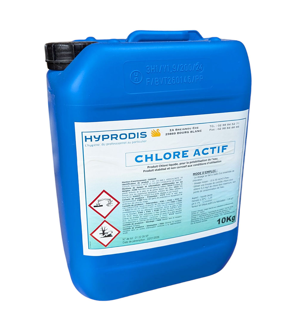 Bidon bleu de 10kg de Chlore Actif Hyprodis pour la potabilisation de l'eau en élevage, produit chloré liquide stabilisé et non corrosif.