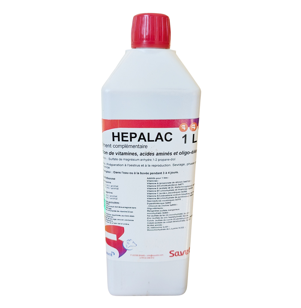 Bidon HEPALAC 1L complément vitaminé niacine pour croissance et stress bovins volailles lapins chevaux