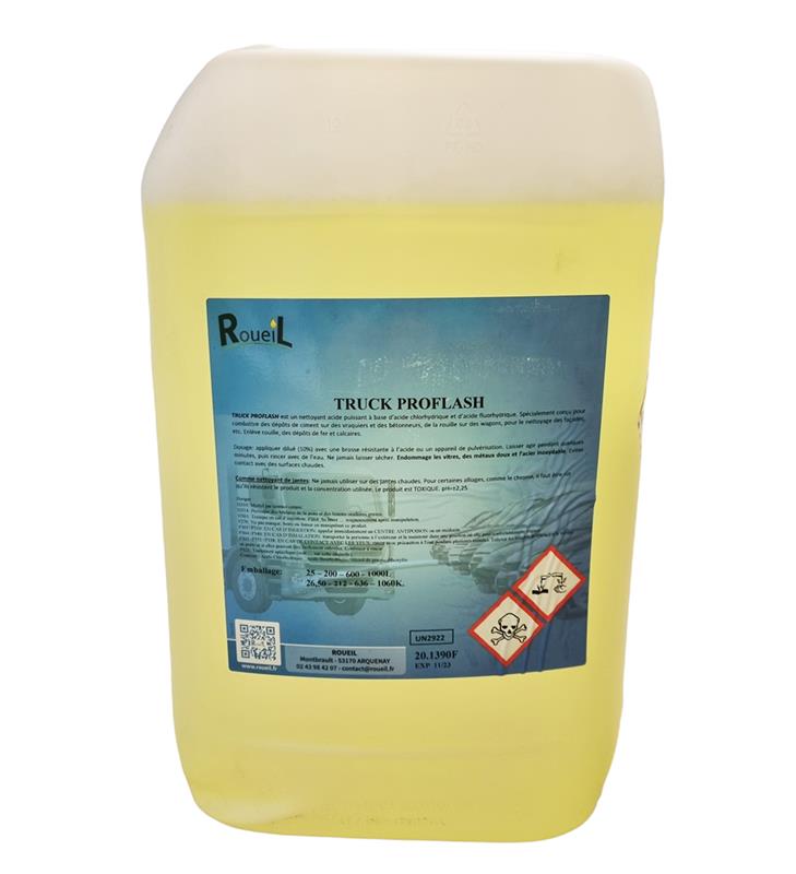 Bidon de 25L de Truck Proflash par Roueil, nettoyant acide puissant pour jantes, citernes et rénovation de stations de lavage.