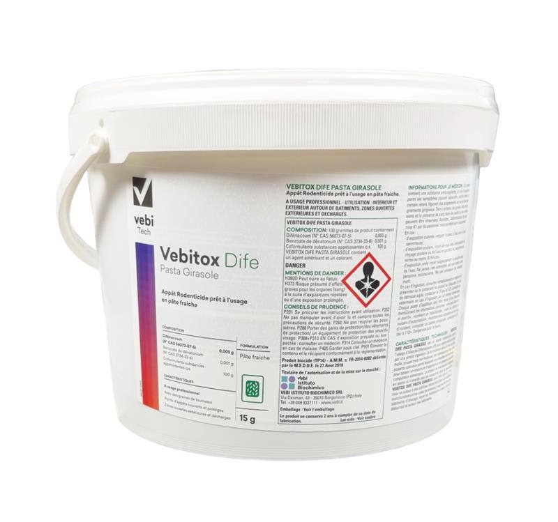 Seau de 5 kg de rodenticide Vebitox Dife Pasta Girasole, appât professionnel en pâte fraîche au difénacoum pour rats et souris.