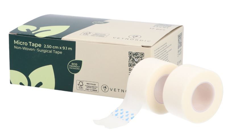Boîte 12 rouleaux ruban chirurgical non-tissé VetNordic 2.5cm micro tape sparadrap vétérinaire.