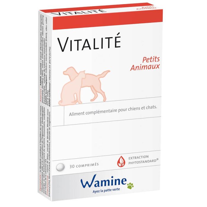 Boîte Wamine Vitalité 30 comprimés pour chiens et chats, soutien énergie et récupération naturelle.