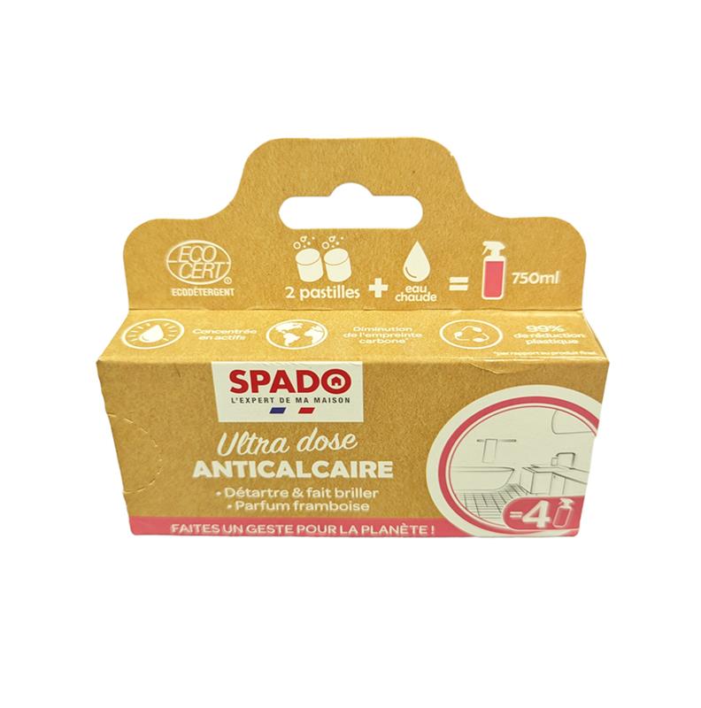 Boîte de 8 pastilles anticalcaire SPADO Ultra Dose Écocert parfum framboise.