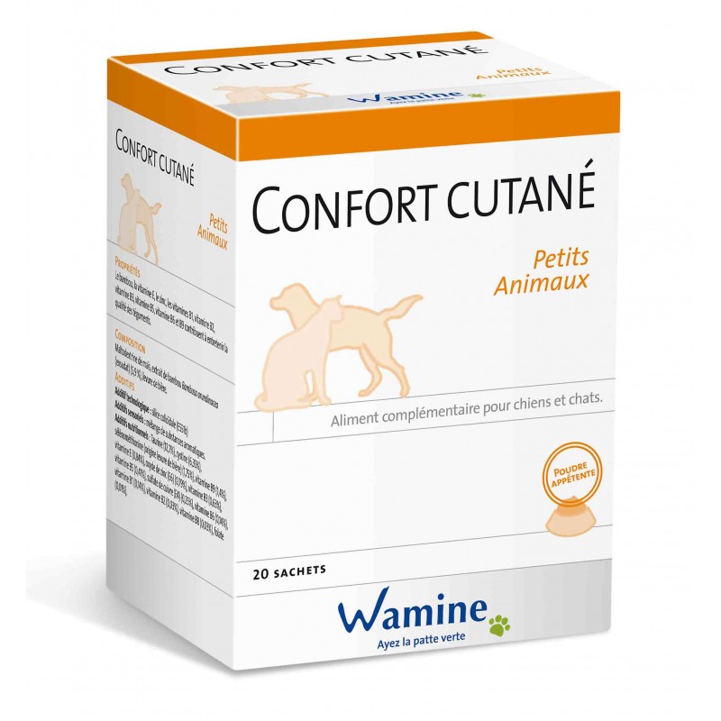 Boîte Wamine Confort Cutané 20 sachets pour chiens et chats, soutien naturel de la peau sensible et des démangeaisons.