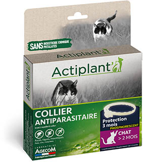 Boîte collier antiparasitaire chat phosphorescent Actiplant sécurité nuit sans insecticide.