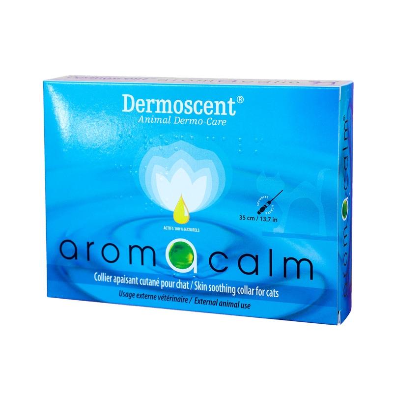 Boîte collier Dermoscent Aromacalm chat apaisant peau et stress anti-étranglement.