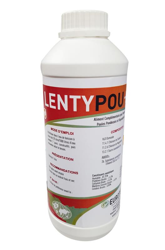 Bidon de 1 litre de LENTYPOU+ Eurothèque, complément alimentaire liquide naturel pour volailles, efficace contre les poux rouges et utilisable en agriculture biologique.
