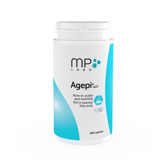 Pot de Agepi Omega 3 MP Labo 180 capsules, complément riche en acides gras essentiels pour chien et chat, soutien cutané et articulaire.