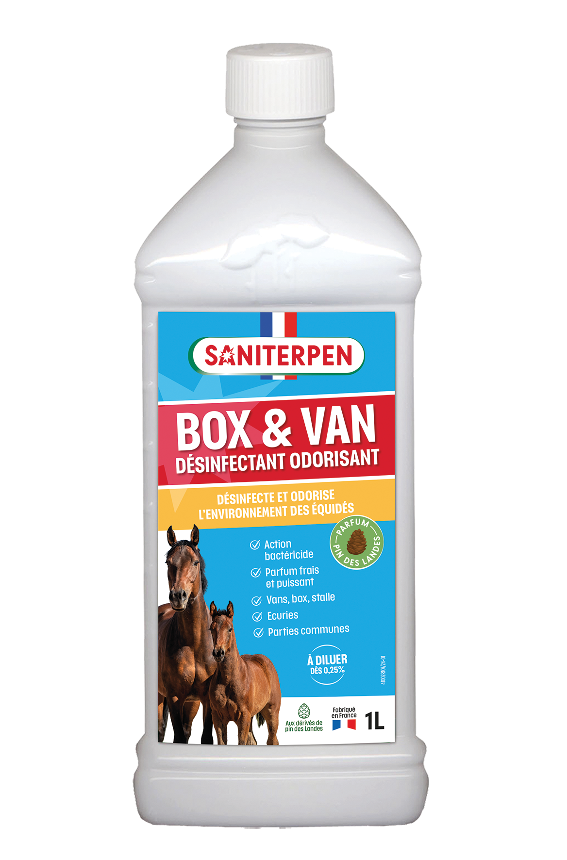 Flacon blanc de 1 Litre de Saniterpen Box & Van, désinfectant odorisant bactéricide au parfum de pin pour l'environnement des chevaux.