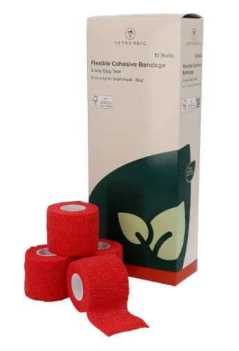 Bande cohésive rouge VetNordic 5cm flexible et sécable main pour animaux.