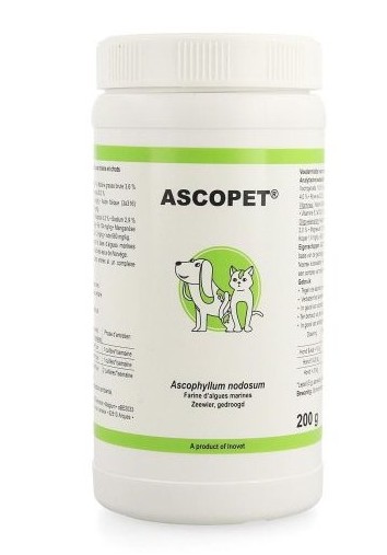 Pot blanc de 200 g d'Ascopet® avec couvercle blanc, montrant l'illustration verte d'un chien et d'un chat, farine d'algues marines Ascophyllum nodosum.