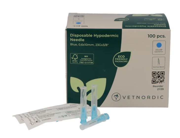 Boîte de 100 aiguilles hypodermiques VetNordic 23G Bleue 10mm, pour nouveau-nés et NAC.
