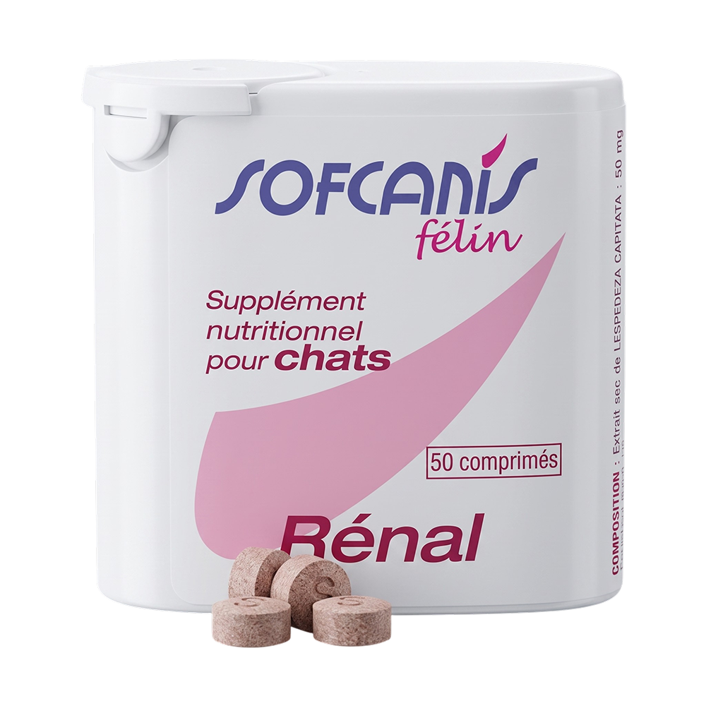 Flacon blanc de 50 comprimés Sofcanis Félin Rénal pour le soutien des reins du chat.