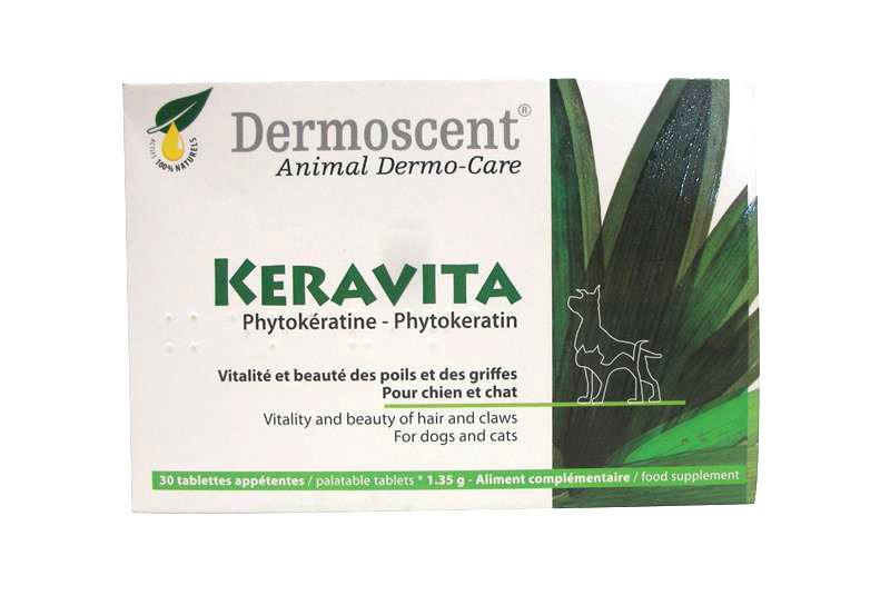 Boîte Dermoscent Keravita 30 tablettes complément poils et griffes chien chat.