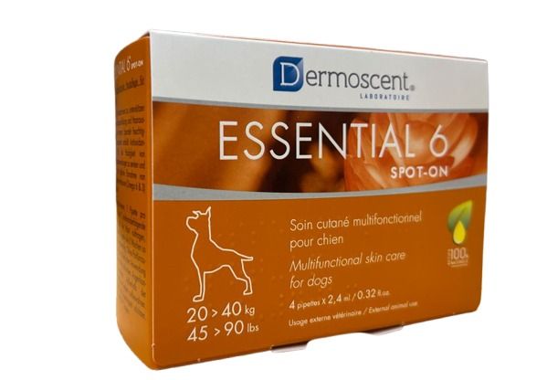 Boîte de Dermoscent Essential 6 Spot-On pour chiens de 20 à 40 kg, soin cutané multifonctionnel aux actifs 100% naturels.