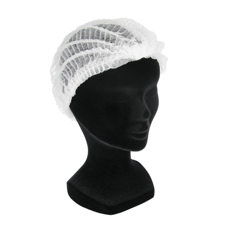 Charlotte de protection jetable blanche portée sur mannequin noir, sachet de 100 unités.