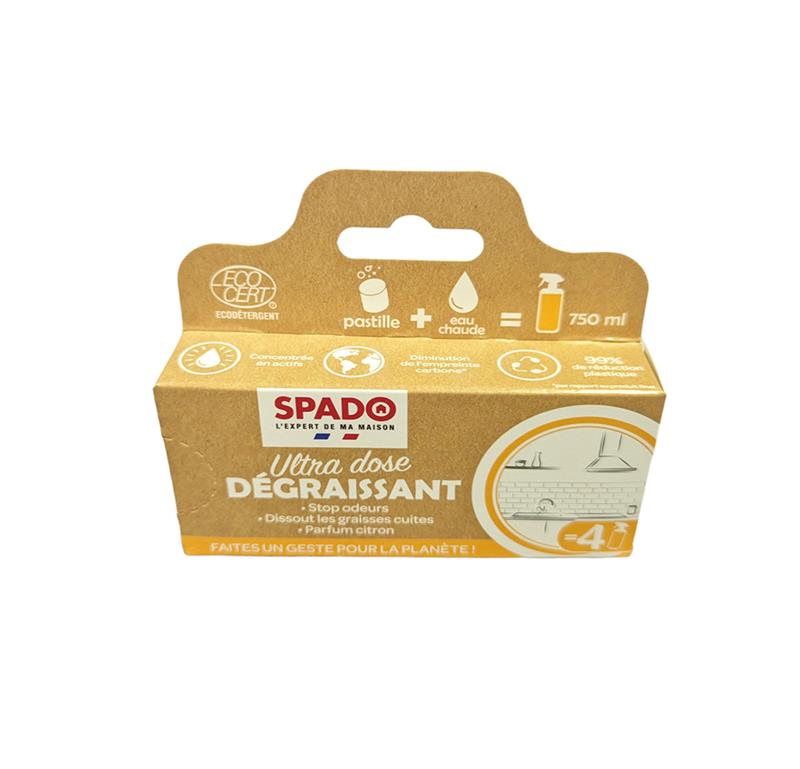 Boîte de 4 pastilles dégraissantes de cuisine SPADO Ultra Dose Écocert parfum citron.