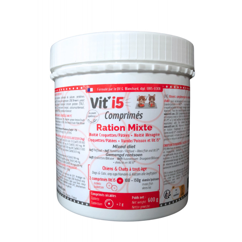 Pot blanc de 600g de Vit'i5 Ration Mixte (Rouge) en comprimés pour l'équilibre nutritionnel des rations mixtes chiens et chats.