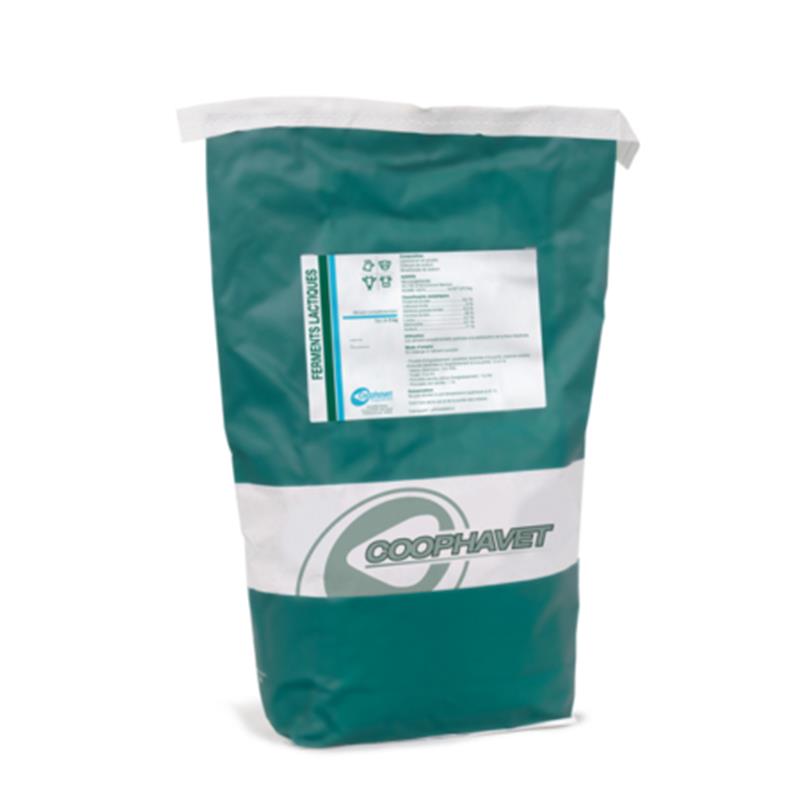 Sac de 5 kg de Ferments lactiques Coophavet, complément alimentaire probiotique vert et blanc pour la stabilité digestive en élevage.
