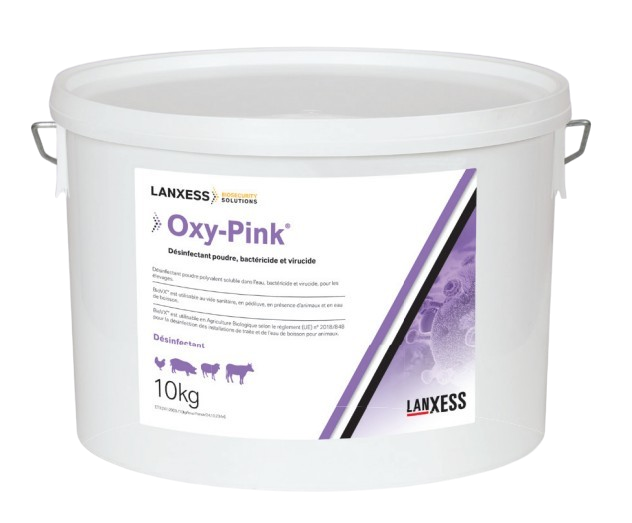 Grand seau de 10 kg de désinfectant poudre Oxy-Pink de Lanxess, remplaçant du BioVX pour la biosécurité en élevage.