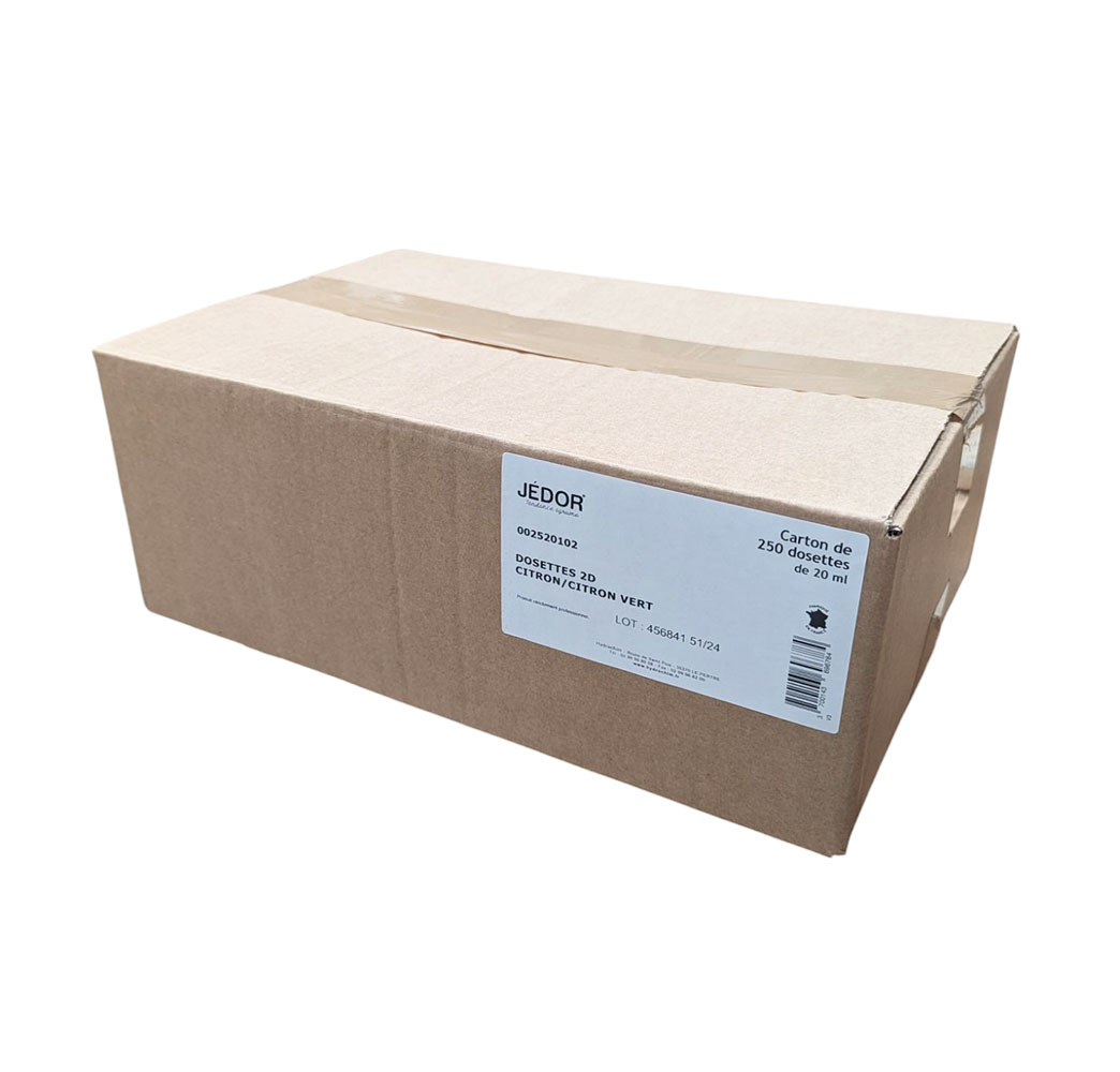 Carton de 250 dosettes JEDOR 2D Citron Vert 20ml nettoyant désodorisant pro.