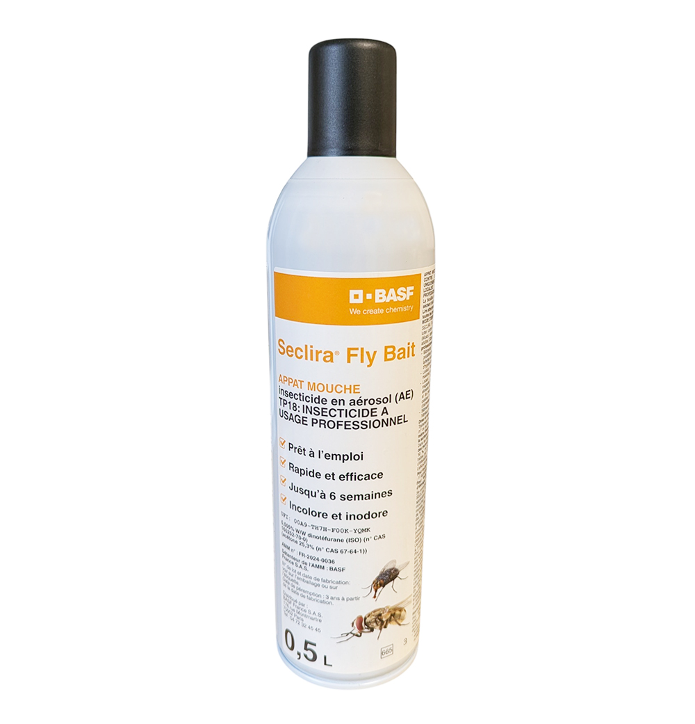 Flacon aérosol blanc de 500 ml de Seclira Fly Bait BASF appât mouches incolore et inodore à usage professionnel.