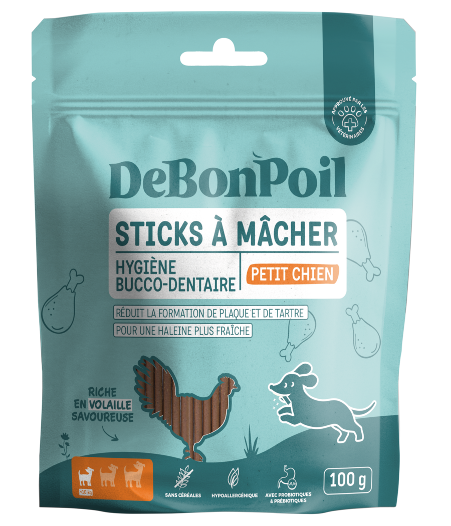Sachet bleu de 100g DeBonPoil Sticks à mâcher Hygiène Bucco-Dentaire pour petit chien, à la volaille et sans céréales.