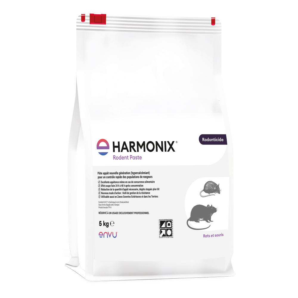 Sac de 5 kg de rodenticide Harmonix Rodent Paste d'Envu, appât nouvelle génération au cholécalciférol pour le contrôle rapide des rats et souris avec effet coupe-faim.
