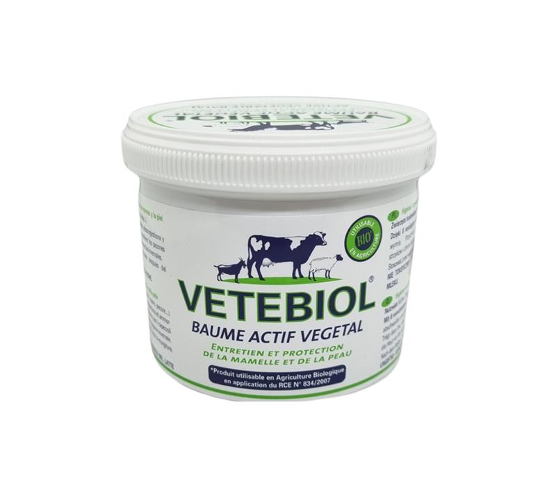 Pot de 400 g de VETEBIOL Baume Actif Végétal blanc, soin et protection de la mamelle et de la peau, certifié utilisable en Agriculture Biologique.