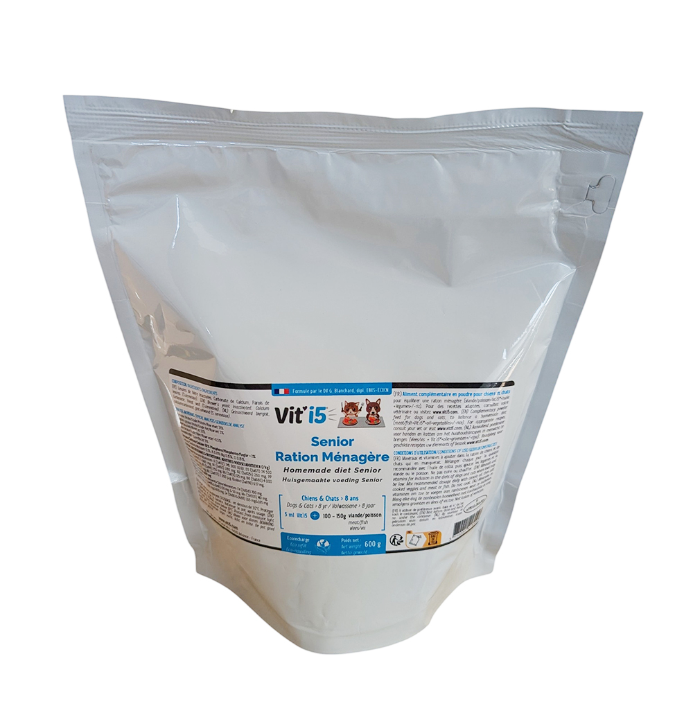 Vit’i5 Bleu Eco-Recharge 600 g Osalia – complément minéral et vitaminé pour chien et chat nourris à la ration ménagère.