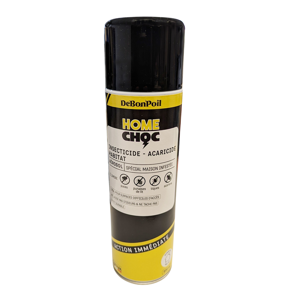 Aérosol spray Home Choc 500 ml, insecticide et acaricide spécial habitat pour traiter jusqu'à 100 m² de surfaces et zones difficiles.