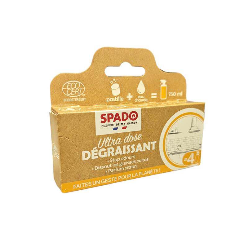 Boîte de 4 pastilles dégraissantes de cuisine SPADO Ultra Dose Écocert parfum citron.