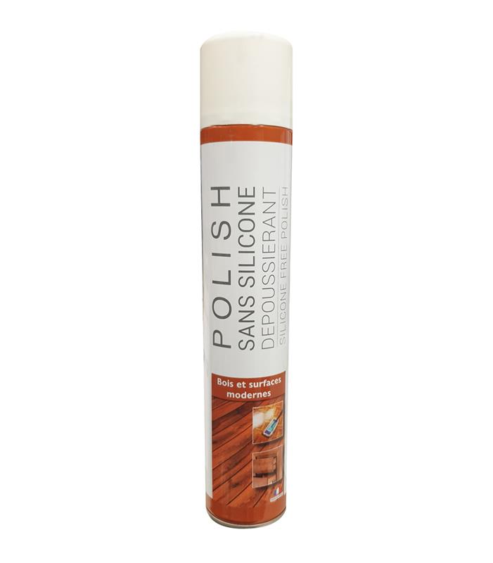 Aérosol de 500 ml de Polish Puck sans silicone, dépoussiérant pour bois et surfaces modernes, avec illustration de parquet et mobilier en bois.
