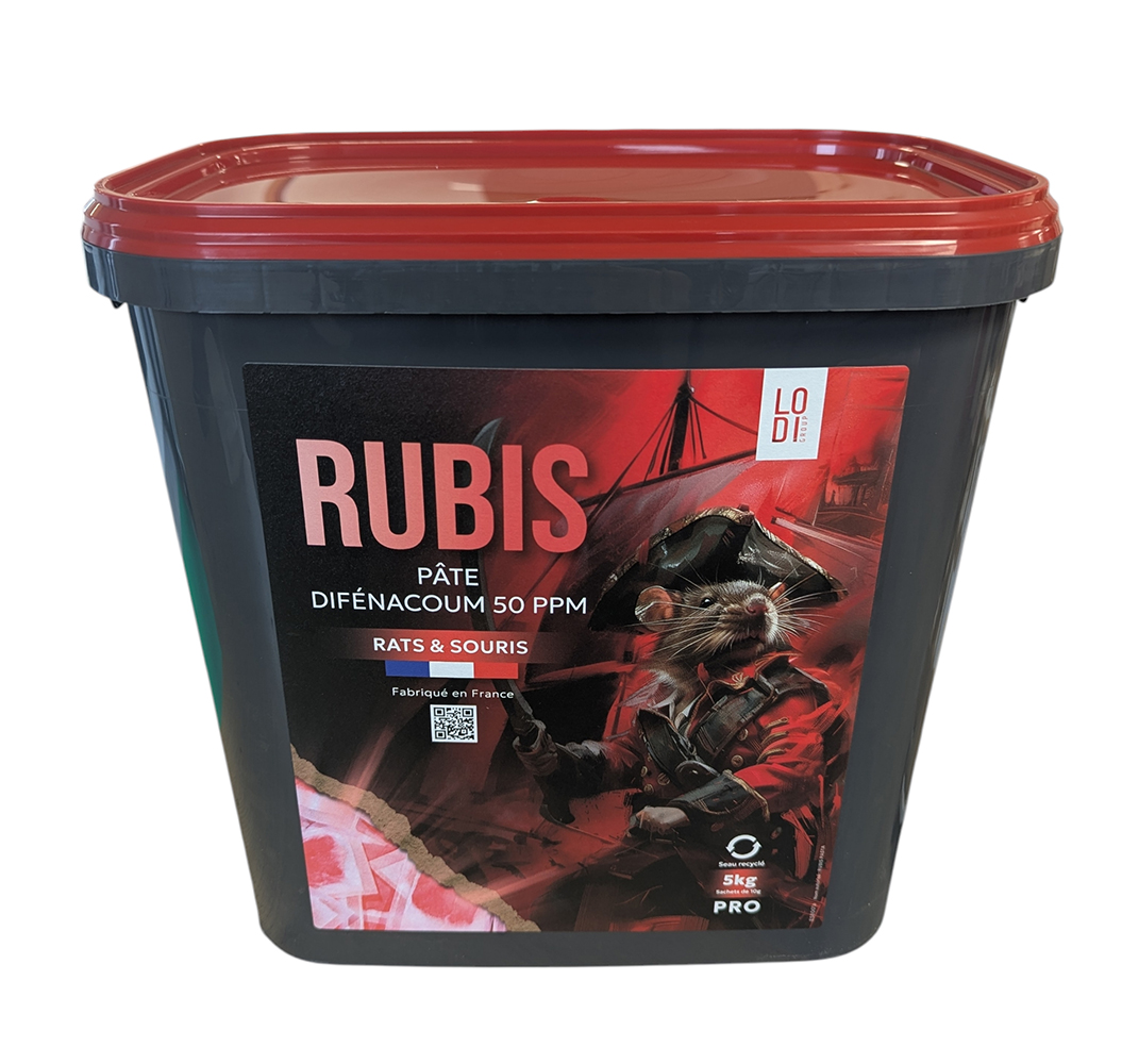 Seau plastique gris de 5 kg de Rubis Pâte raticide et souricide de Lodi Group avec couvercle rouge et illustration de rat pirate.