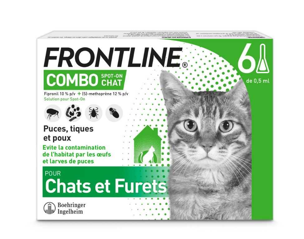Boîte Frontline Combo Chat 6 pipettes traitement puces tiques et habitat furet.