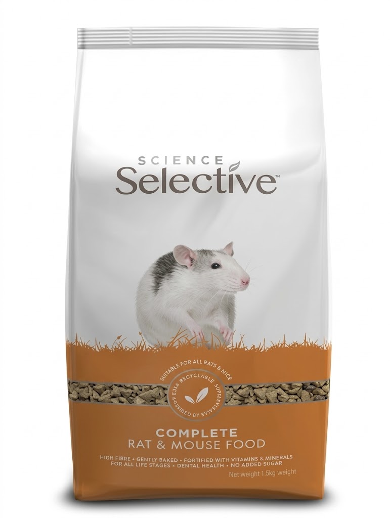 Sachet grand format de 3 kg d'extrudés Supreme Science Selective Rat & Mouse avec visuel de rat domestique gris et blanc.