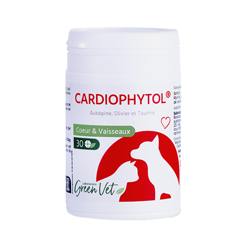Flacon blanc de Cardiophytol® GreenVet avec logo rouge, présentant une silhouette de chien et de chat sur fond rouge, indiqué pour le cœur et les vaisseaux.