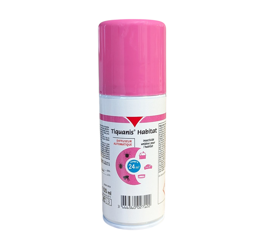 Aérosol Tiquanis Habitat Fogger de 100 ml, diffuseur automatique rose et blanc pour le traitement des puces et punaises de lit jusqu'à 24m².